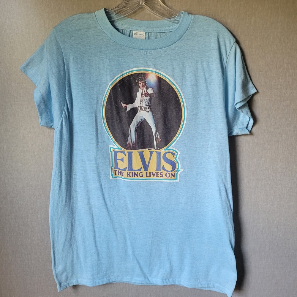 Ched Elvis Presley T-Shirt Mens L Blue Good 1977 The King Lives On Vintage 70s